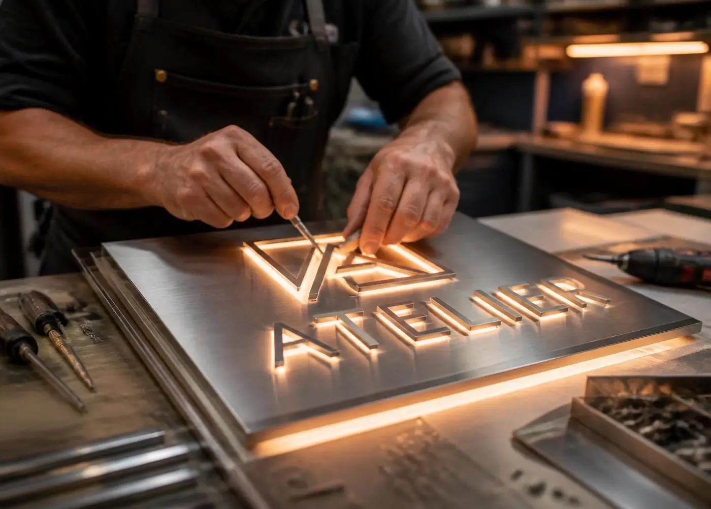 Sign On Pro craftsman hand-finishing an illuminated metal signage panel in the Guildford workshop